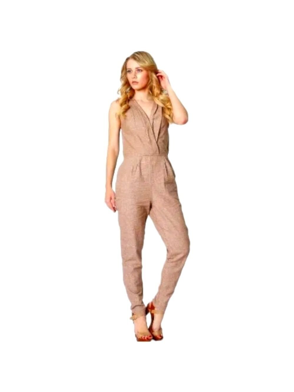 Zenana | Tan Linen Blend Sleeveless Jumper/Jumpsuit | Size S